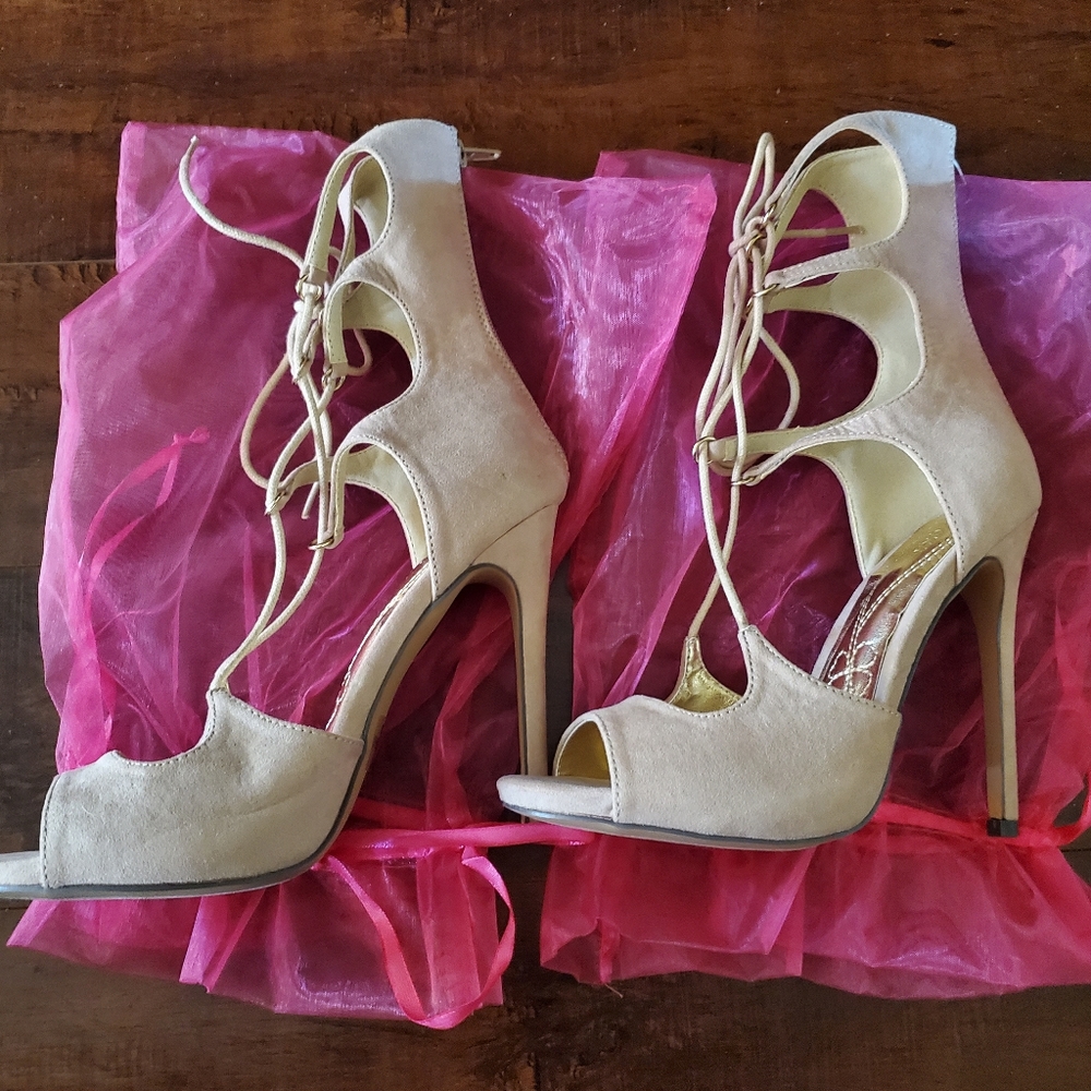 New Suede Strappy High Heels (Cream / Beige Colour)